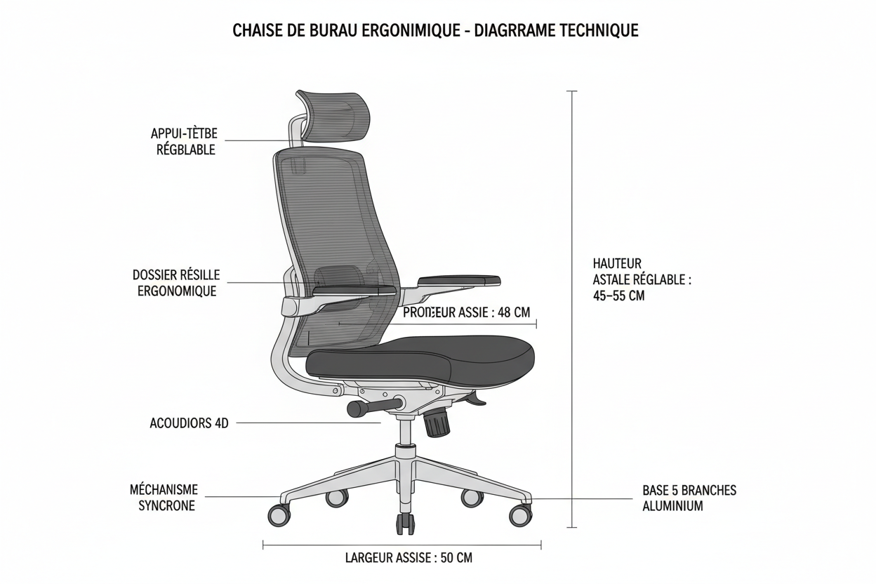 Chaise Ergonomique Inclinable Pro – Réglable, Respirante & Idéale pour Longues Sessions