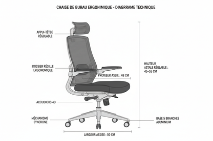 Chaise Ergonomique Inclinable Pro – Réglable, Respirante & Idéale pour Longues Sessions